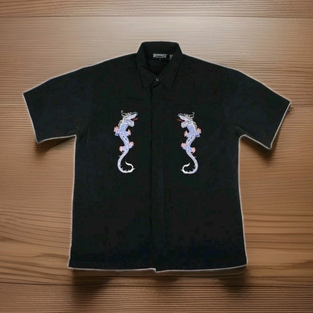 Vintage Dragonfly Shirt Adult Large Black Button Up‎ Dragons 90s Embroidery Y2K